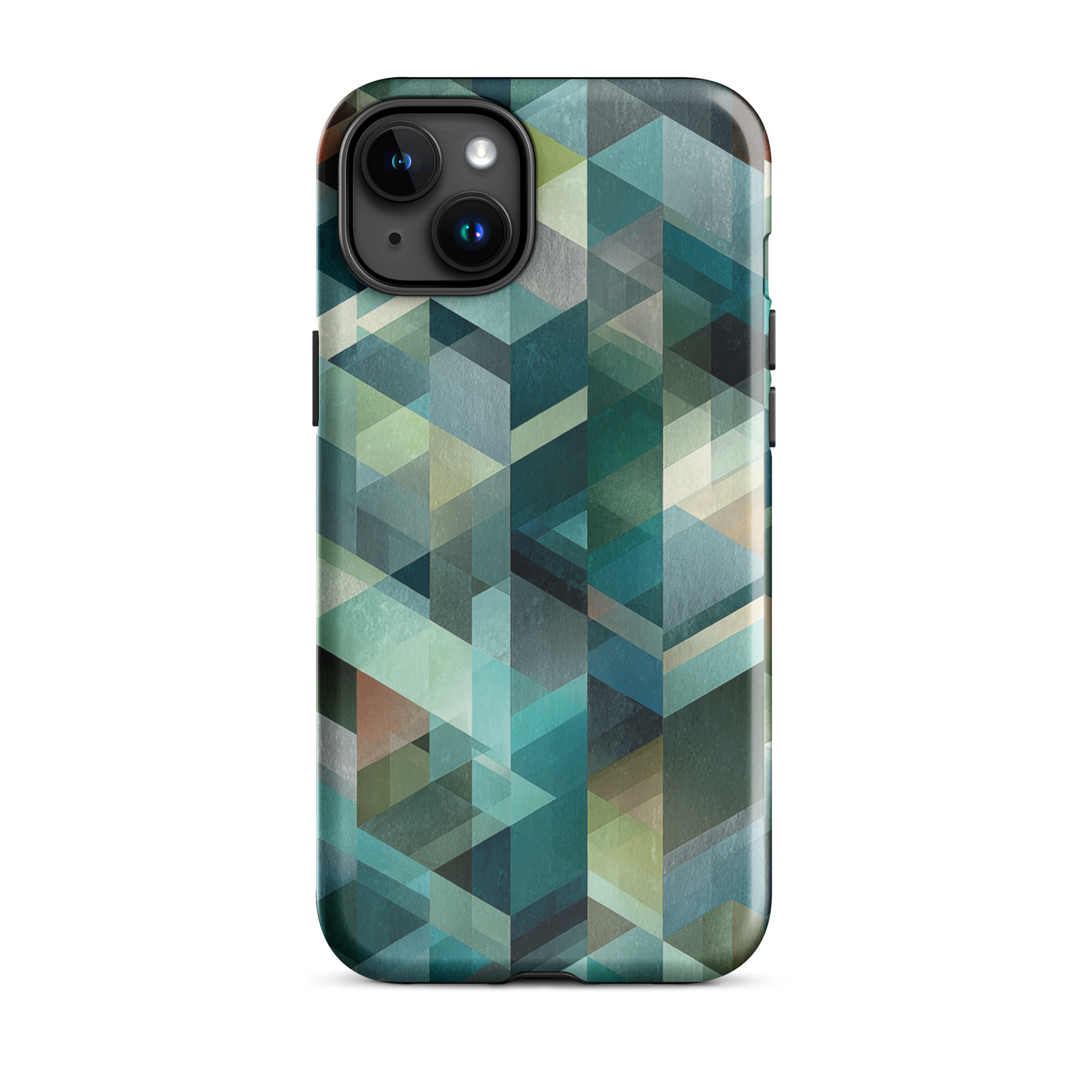 Modern abstract geometric phone case in teal and blue tones with layered retro-inspired shapes.