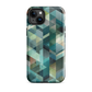 Modern abstract geometric phone case in teal and blue tones with layered retro-inspired shapes.