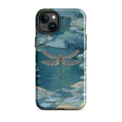 Nature-inspired phone case featuring a dragonfly over calm water with blue and green forest tones.