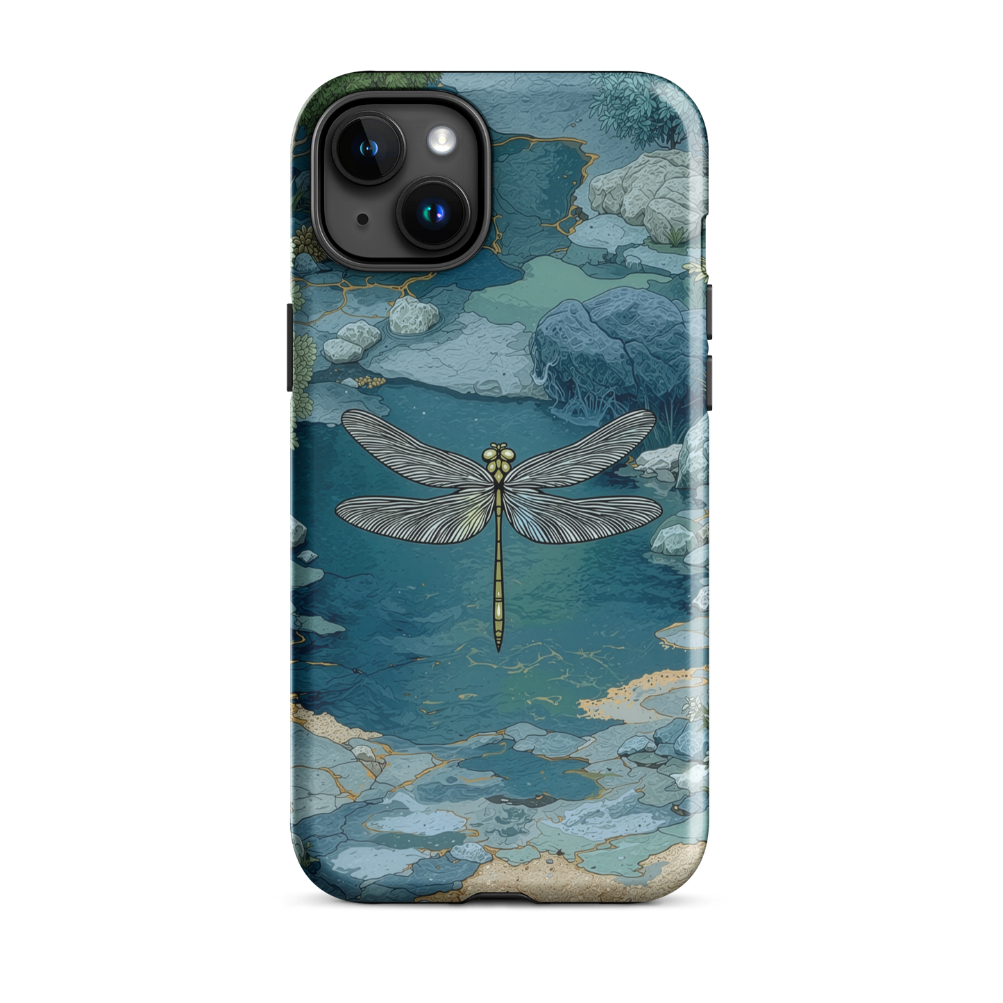 Nature-inspired phone case featuring a dragonfly over calm water with blue and green forest tones.