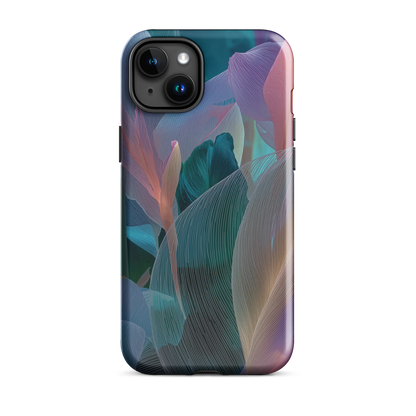 Abstract pastel botanical designer phone case in pink, lilac and teal tones with soft flowing floral textures