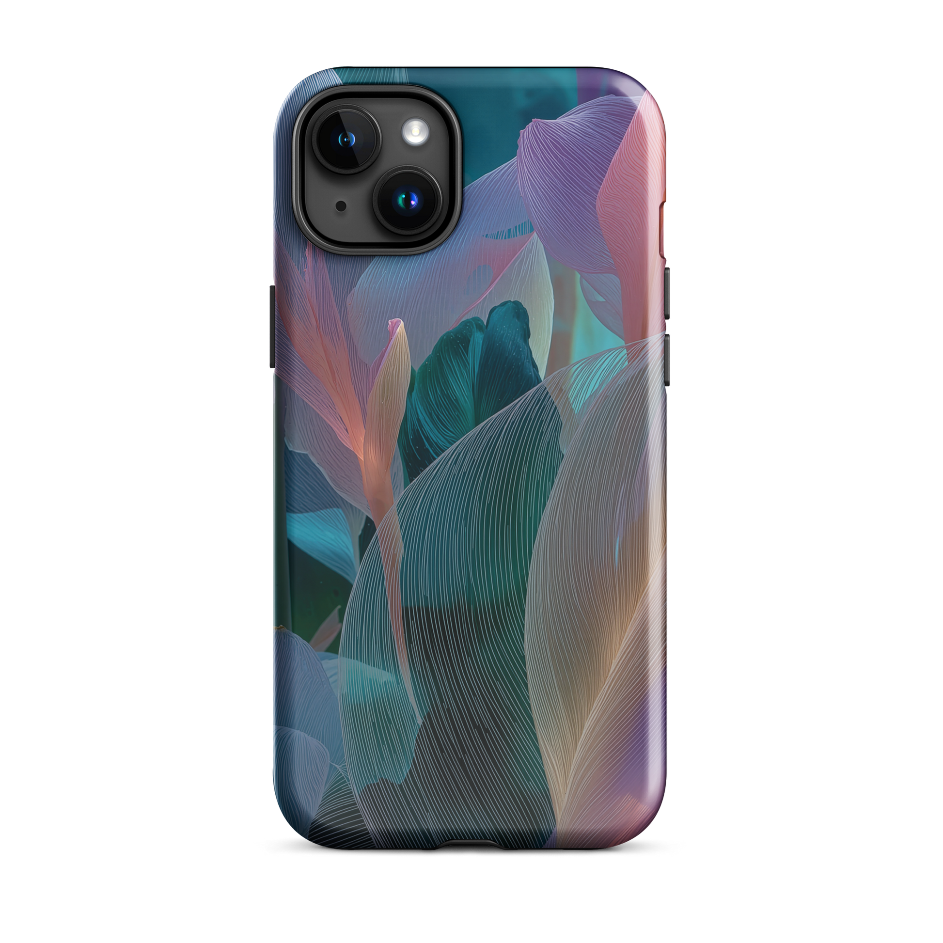 Abstract pastel botanical designer phone case in pink, lilac and teal tones with soft flowing floral textures
