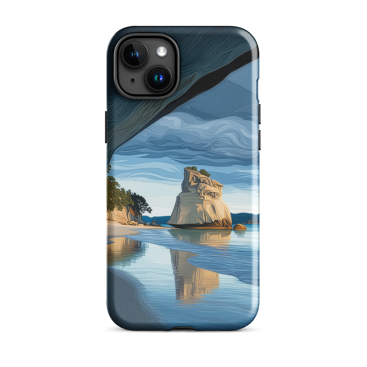 Artistic Cathedral Cove coastal designer phone case with arch rock, blue ocean and golden cliffs