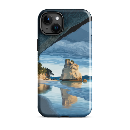 Artistic Cathedral Cove coastal designer phone case with arch rock, blue ocean and golden cliffs