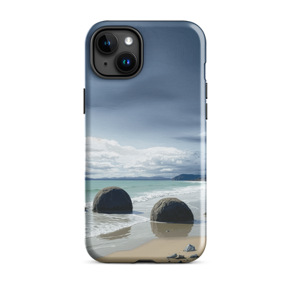 Moeraki Boulders coastal designer phone case with ocean waves and dramatic NZ sky