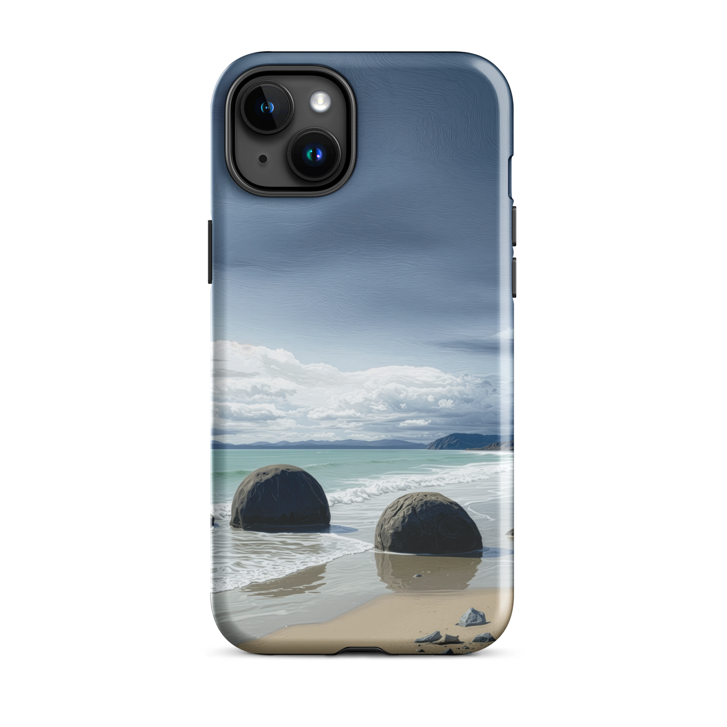 Moeraki Boulders coastal designer phone case with ocean waves and dramatic NZ sky