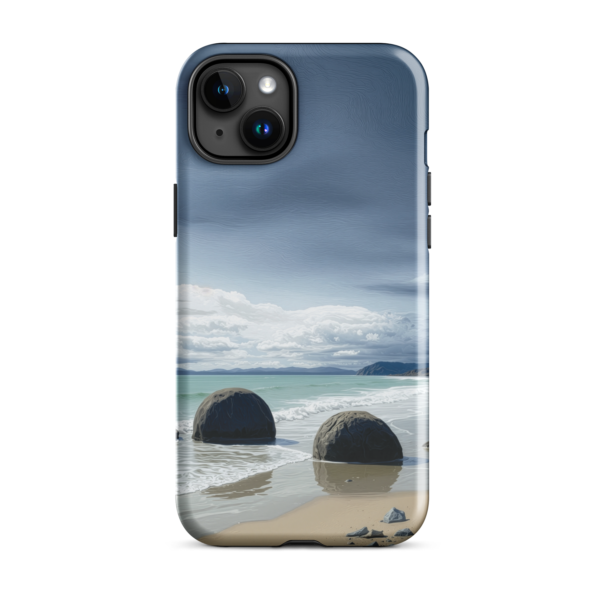 Moeraki Boulders coastal designer phone case with ocean waves and dramatic NZ sky