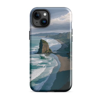 Piha Beach Lion Rock designer phone case with turquoise waves and dramatic NZ coastline