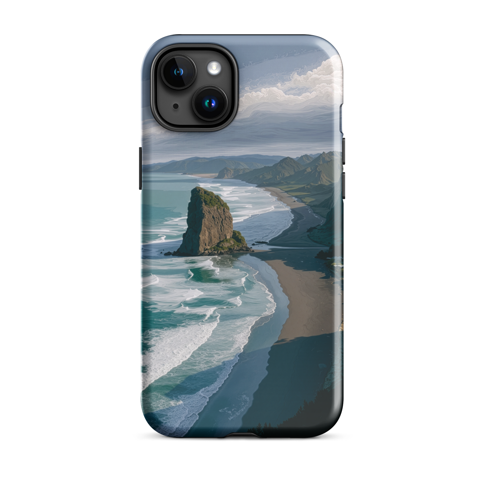 Piha Beach Lion Rock designer phone case with turquoise waves and dramatic NZ coastline