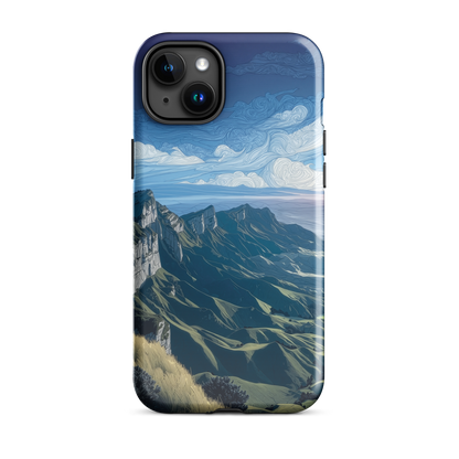Te Mata Peak designer phone case with Hawke’s Bay cliffs, rolling green hills and dramatic swirling sky