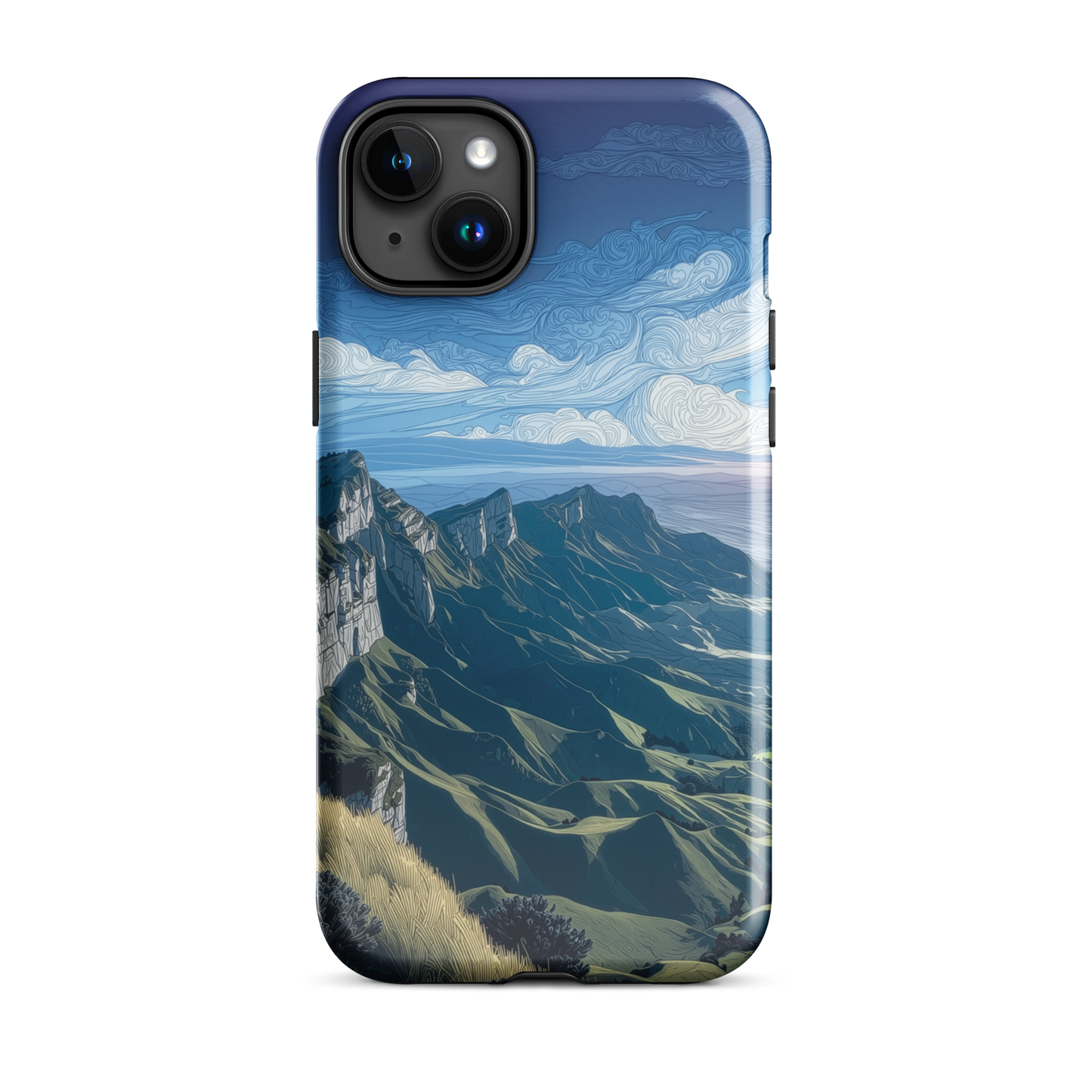 Te Mata Peak designer phone case with Hawke’s Bay cliffs, rolling green hills and dramatic swirling sky