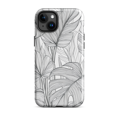 Minimal black and white tropical leaf designer phone case with detailed botanical line art