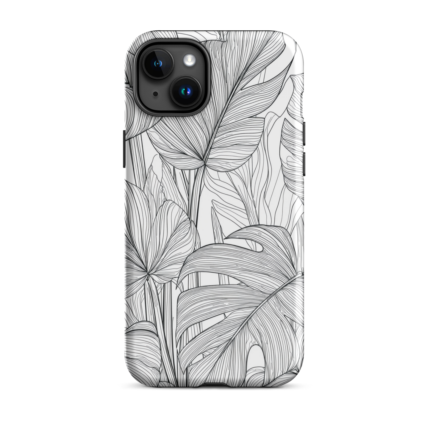 Minimal black and white tropical leaf designer phone case with detailed botanical line art
