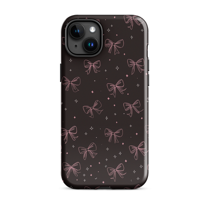Midnight Bow seamless repeat pattern — pink hand-drawn ribbon bows and sparkle stars on a black background