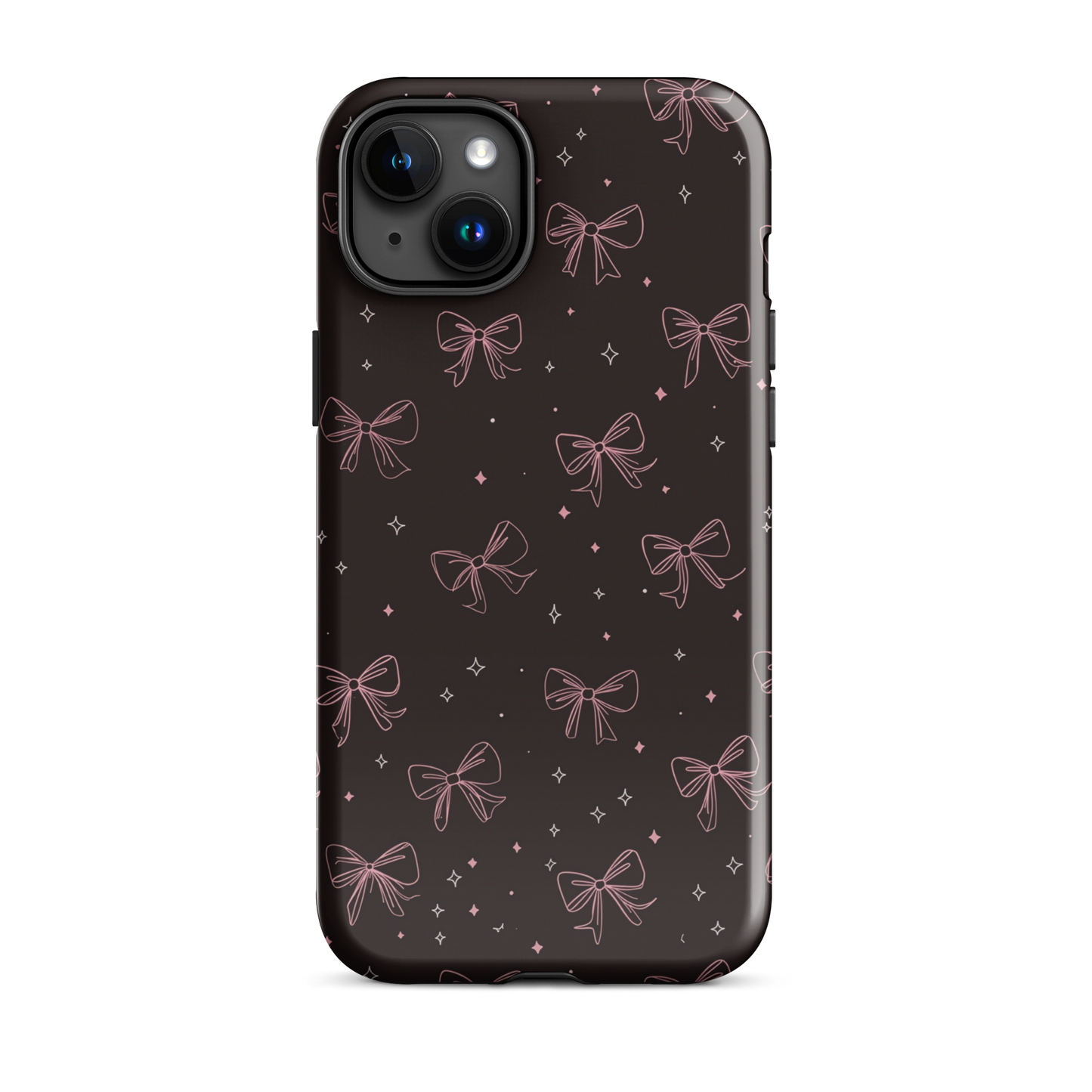 Midnight Bow seamless repeat pattern — pink hand-drawn ribbon bows and sparkle stars on a black background