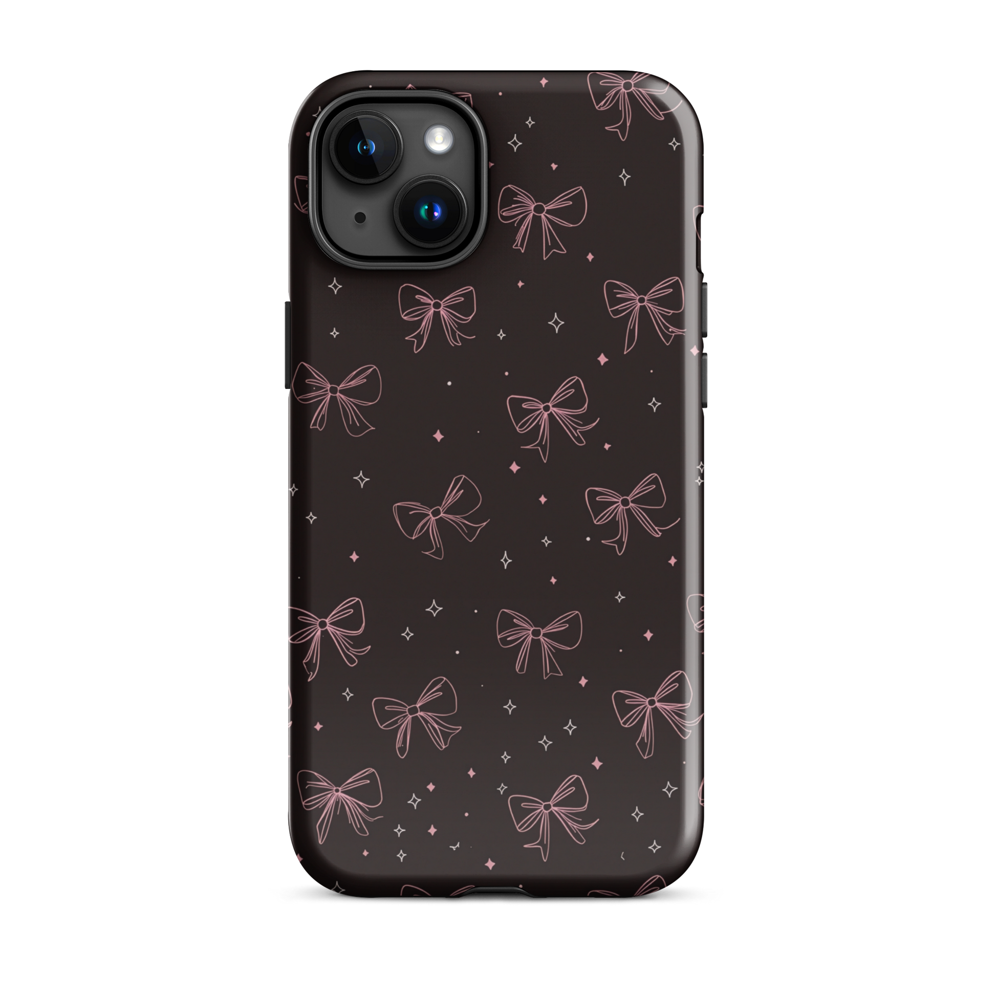 Midnight Bow seamless repeat pattern — pink hand-drawn ribbon bows and sparkle stars on a black background