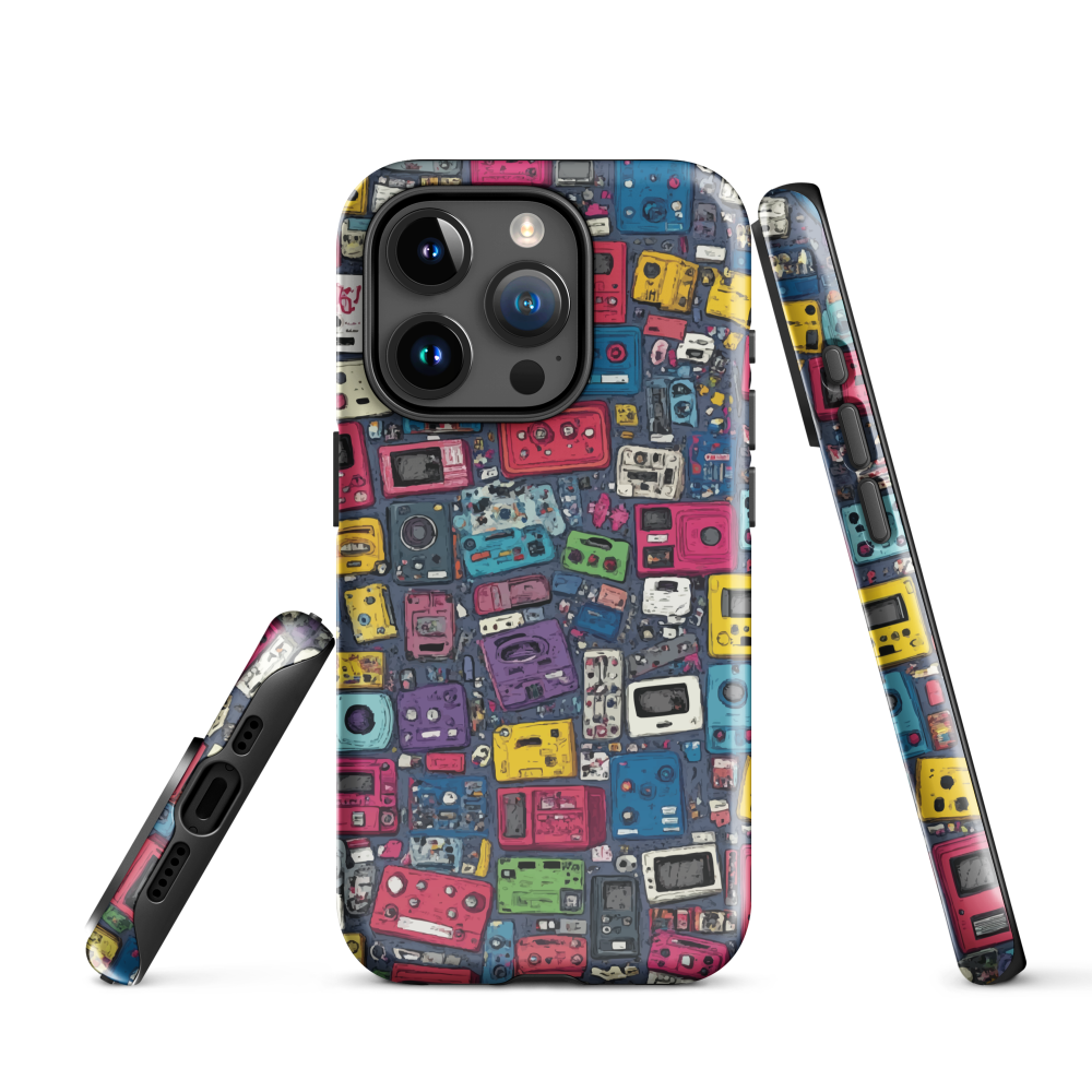 'Arcade' iPhone case, featuring a vibrant collage of hand-drawn controllers in bold, vintage-inspired colours. From electric blue and hot pink to classic black and yellow