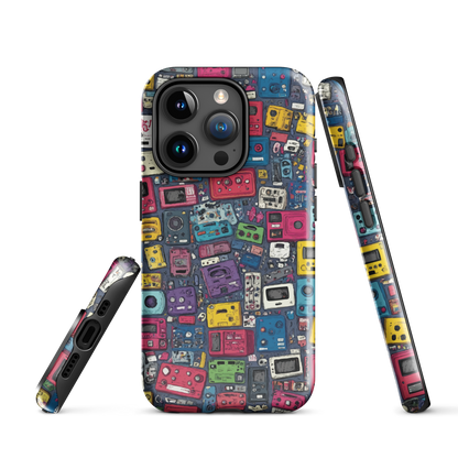 'Arcade' iPhone case, featuring a vibrant collage of hand-drawn controllers in bold, vintage-inspired colours. From electric blue and hot pink to classic black and yellow