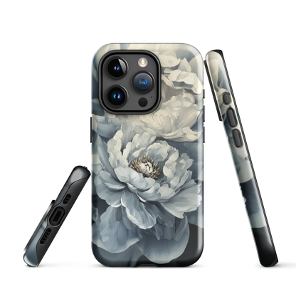 'Whisper' iPhone case features a stunning close-up of softly painted peony blooms in dreamy shades of ivory, grey, and smoky blue.