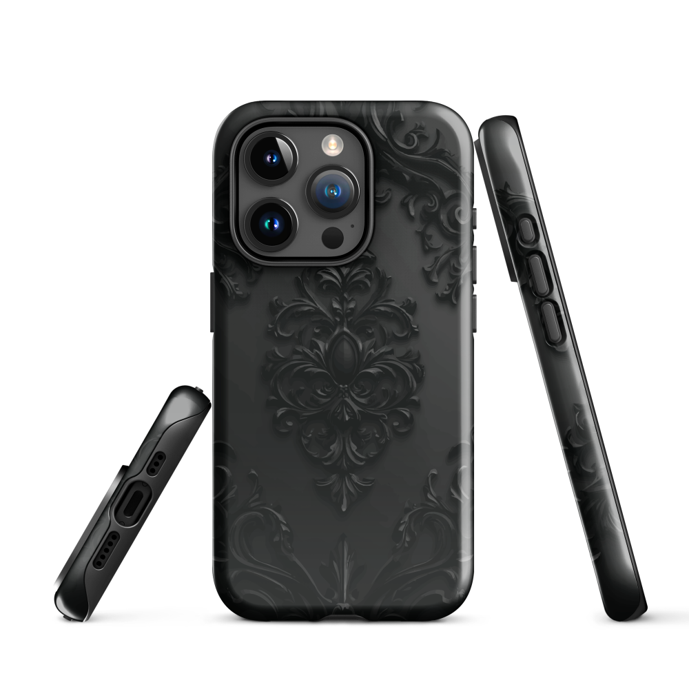 Black embossed damask phone case with gothic baroque pattern.
