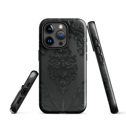 Black embossed damask phone case with gothic baroque pattern.