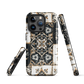 Moroccan tile pattern phone case in black, white, and gold tones with vintage-inspired design.