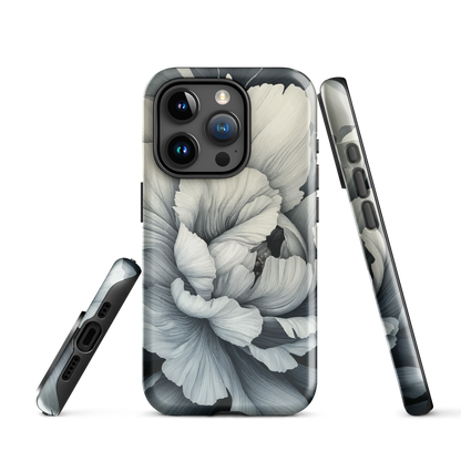 Black and white floral phone case featuring a soft, moody peony design by New Zealand artist Ben Hart.