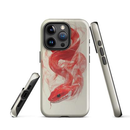 Phone case with red snake design on a cream background, coiled in smoky detail. Bold artwork by NZ designer Ben Hart.
