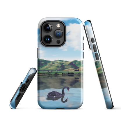 Phone case with a black swan on a calm lake, New Zealand hills in the background. Art by NZ designer Ben Hart.