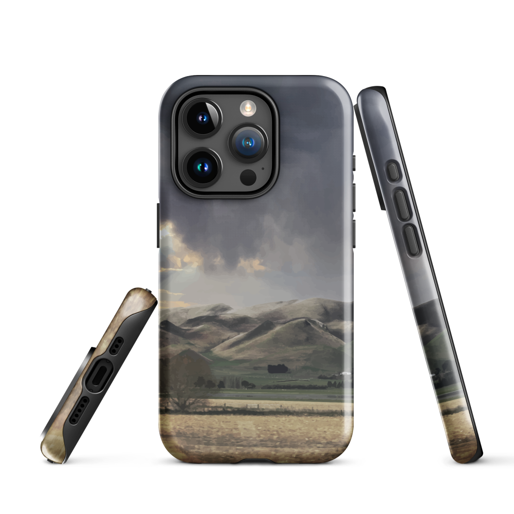 Designer phone case with NZ landscape painting of Te Hauke and cloudy skies by Ben Hart.