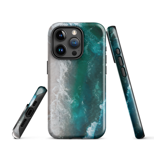 Ocean wave phone case with abstract beach design in teal and white, by NZ artist Ben Hart.