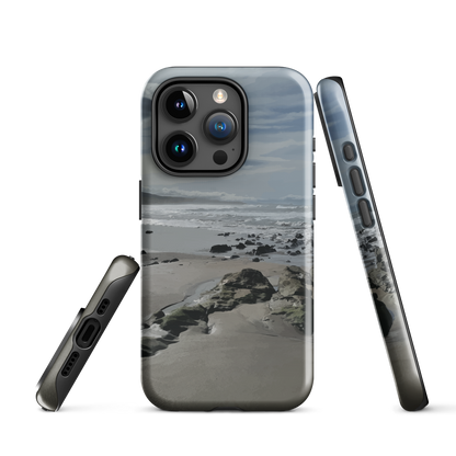 Phone case with artwork of Riversdale Beach, Masterton – rocks, waves and sky by NZ artist Ben Hart.