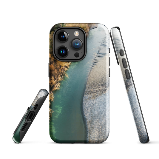 Phone case with aerial riverbend artwork and earthy tones, designed by New Zealand artist Ben Hart.