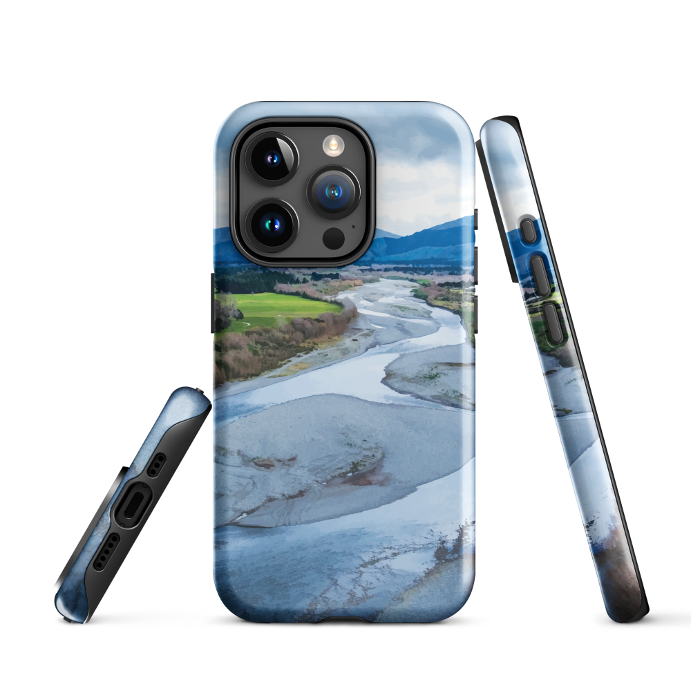 Waiohine phone case featuring artwork of New Zealand’s braided riverbed landscape in the Wairarapa.
