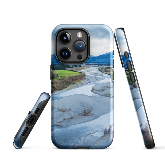Waiohine phone case featuring artwork of New Zealand’s braided riverbed landscape in the Wairarapa.