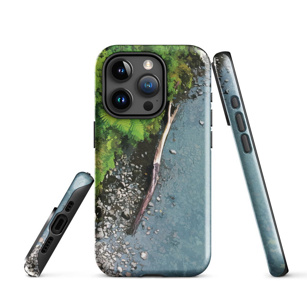 Resting Place phone case with aerial artwork of river rocks, green bush, and driftwood in a New Zealand stream.