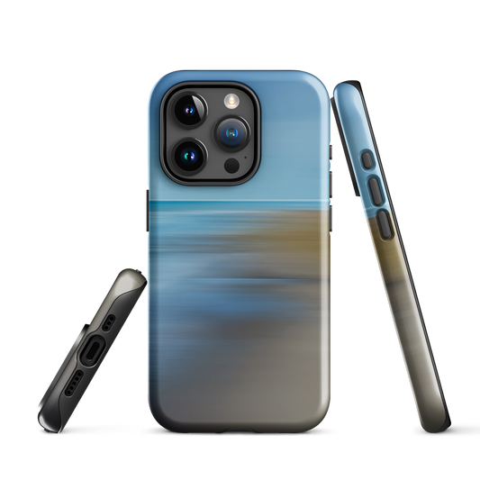 Ocean Breeze phone case with abstract blue and sandy tones inspired by sea and sky.