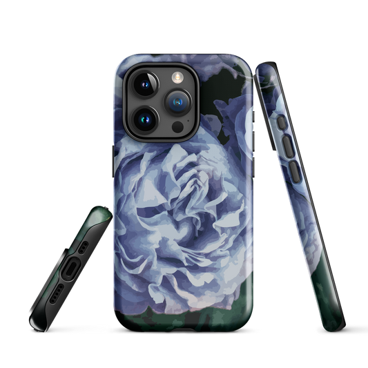 Designer phone case with a bold blue rose artwork and glossy finish.