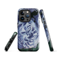 Designer phone case with a bold blue rose artwork and glossy finish.