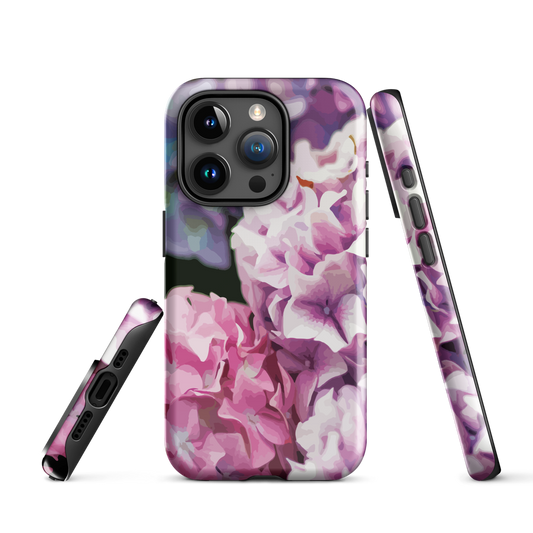 Designer phone case with pink and purple hydrangea floral artwork.