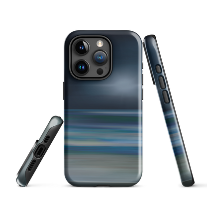 Dark abstract phone case with blue and grey streaks and glossy finish.