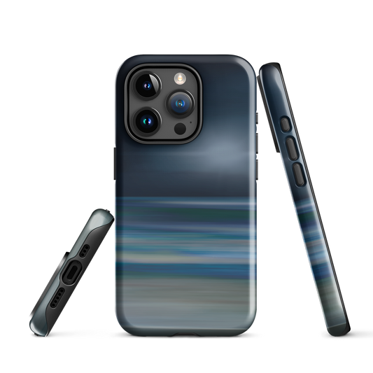 Dark abstract phone case with blue and grey streaks and glossy finish.