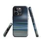 Dark abstract phone case with blue and grey streaks and glossy finish.