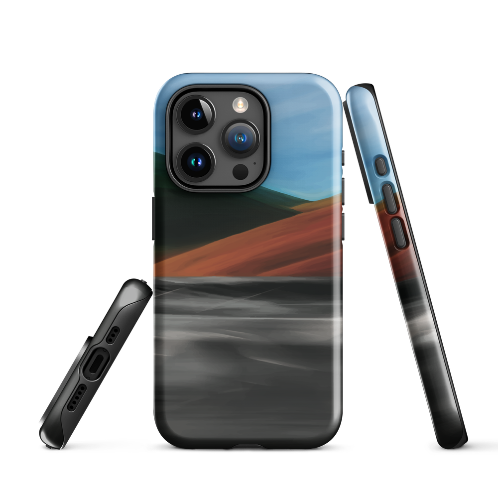 Phone case with abstract red, green, and blue heat wave landscape design.