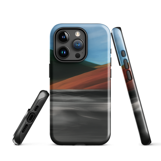 Phone case with abstract red, green, and blue heat wave landscape design.