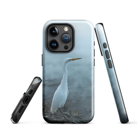 Phone case with a white heron standing in a misty wetland scene.