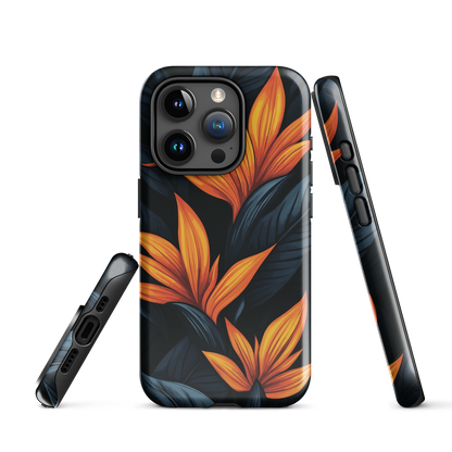 Phone case with bold orange bird of paradise flowers on dark background.