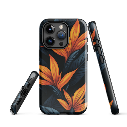 Phone case with bold orange bird of paradise flowers on dark background.