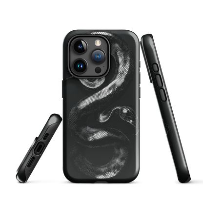 Phone case with detailed black python design on dark background.
