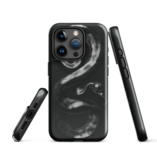Phone case with detailed black python design on dark background.